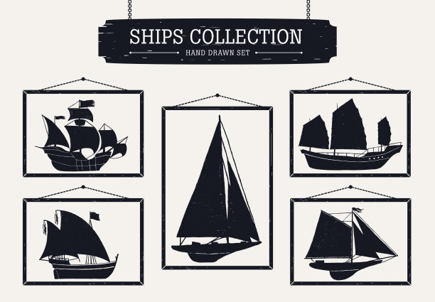 手绘船的轮廓设置在白色的背景框架图片下载