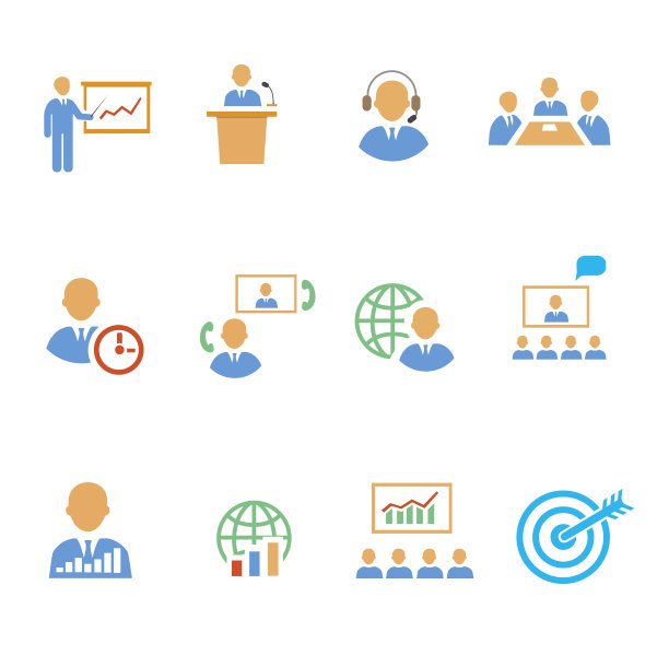 一套丰富多彩的商务人士战略图标显示培训目标图片下载