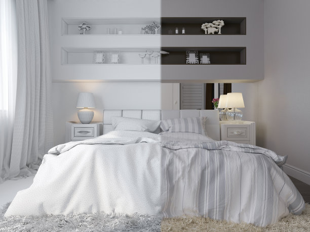 现代风格的卧室室内设计的3d渲染。图片下载