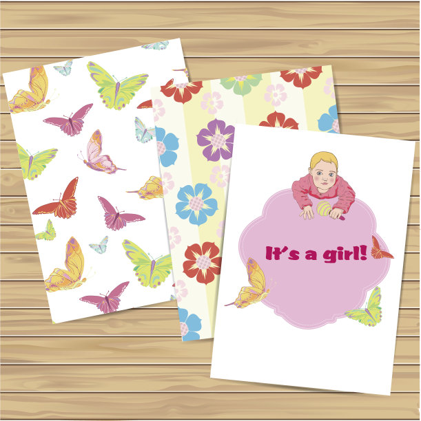 它的一个女孩。一套卡片和图案。向量。图片下载