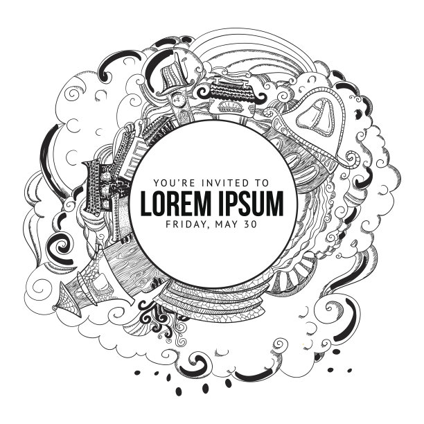 画有房屋和云彩的圆形横幅图片下载