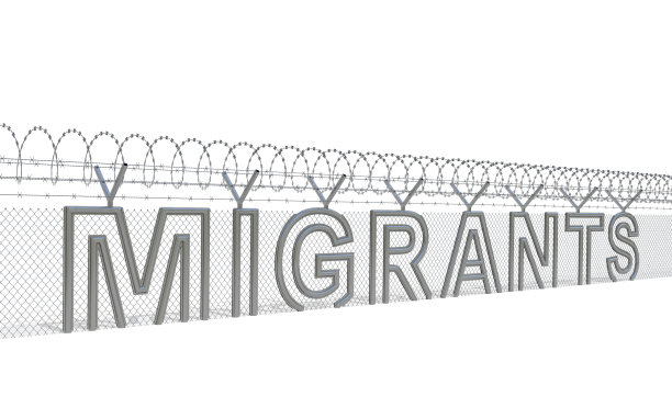 移民危机的概念。金属栅栏上写着"移民"图片下载