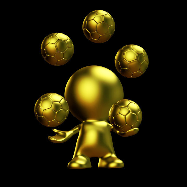 金色人杂耍五个金色足球(3d插图，黑色背景孤立)图片下载