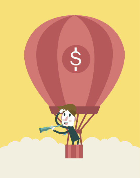 一个商人在热气球上用望远镜看。图片下载