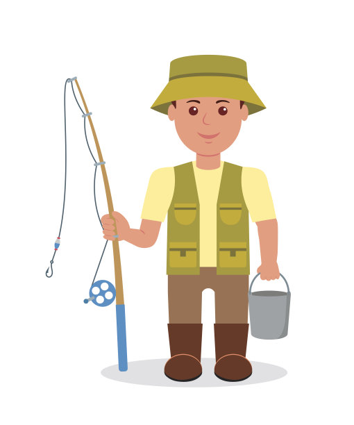 男性，带着水桶和鱼竿。图片下载