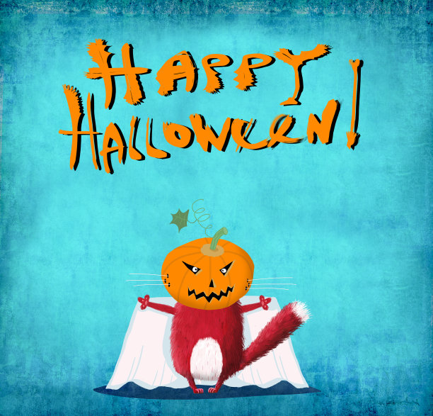 万圣节卡片红猫南瓜头图片下载