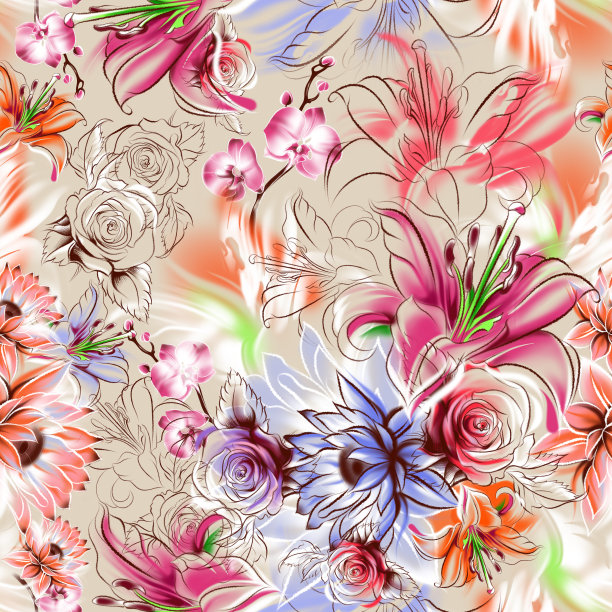 无缝模式。用铅笔和水彩画的热带奇异花朵图片下载