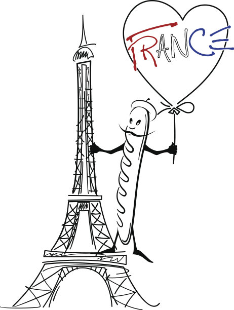埃菲尔铁塔和法式长棍面包配上心形矢量图图片下载
