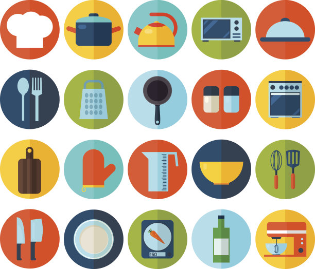 扁平厨房和烹饪图标。图片下载