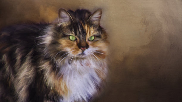 数码艺术，油画效果，玳瑁花布猫，精细画像图片下载