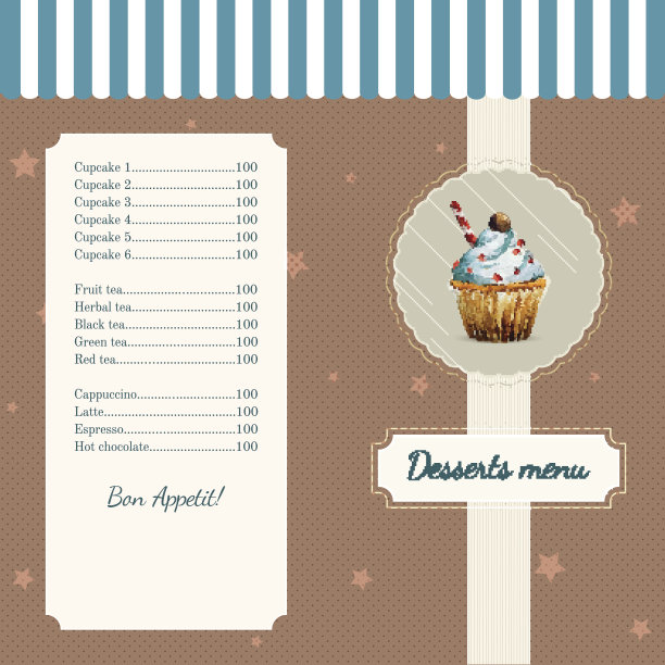 糖果菜单模板与水彩纸杯蛋糕插图图片下载