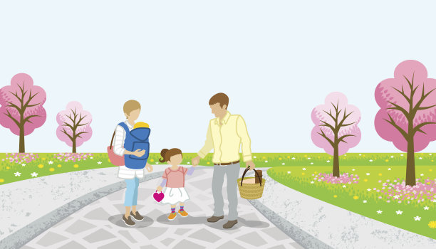 一家人走在樱花树路上- EPS10图片下载