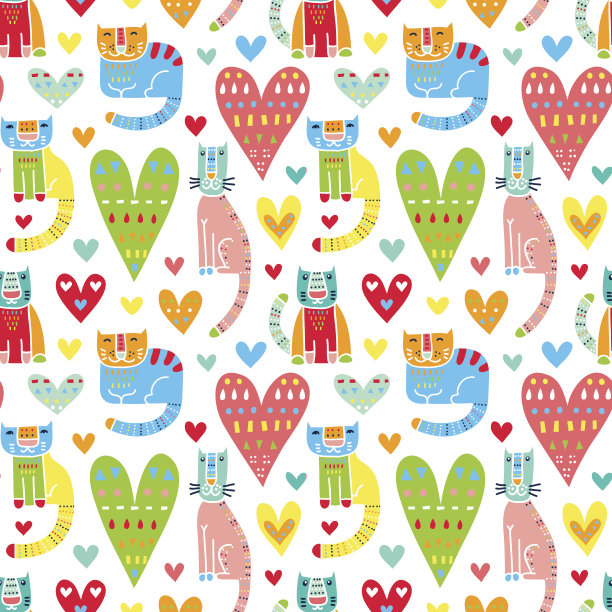 猫和爱，爱和猫。有趣的彩色矢量无缝模式图片下载