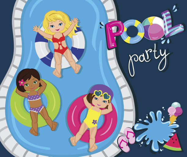 女孩们的泳池派对。矢量插图。图片下载