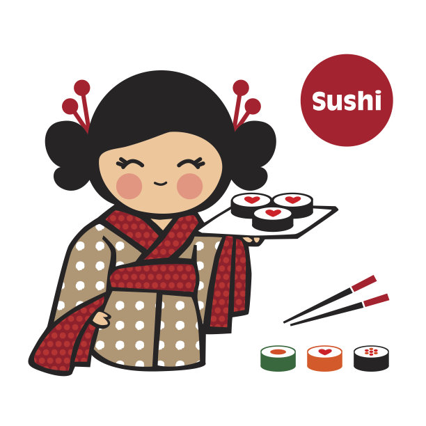 吃传统食物的日本女孩。寿司。图片下载