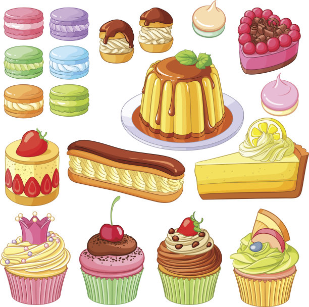 矢量甜点，杏仁蛋白杏仁饼，小蛋糕，馅饼，泡芙，柠檬蛋糕，纸杯蛋糕图片下载