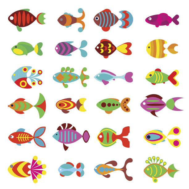 水族馆平面风格的鱼矢量图标图片下载