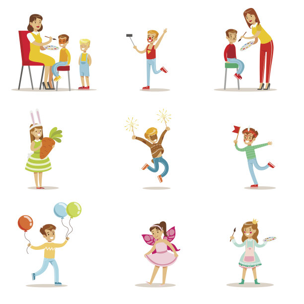 儿童在服装派对与快乐的微笑的孩子有他们的脸画和在节日庆典演示伪装的矢量插图组图片下载