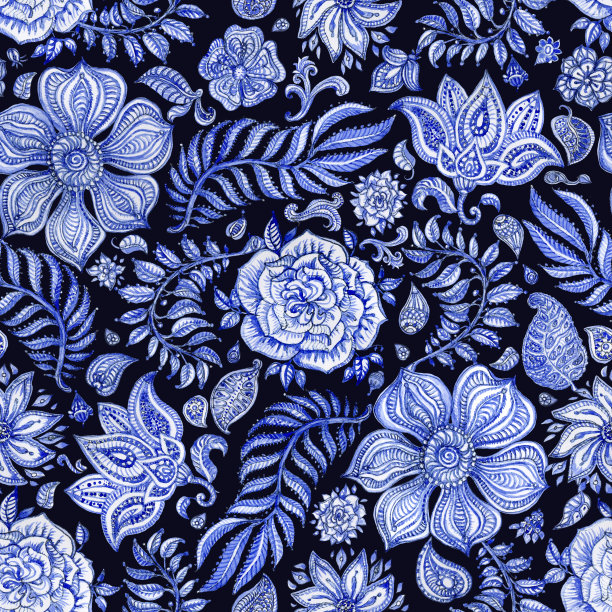 抽象无缝花卉图案靛蓝手绘水彩幻想叶，花，佩斯利元素和卷曲的树枝在黑色的背景。纺织印花、画册封面、蜡染漆、墙纸、包装纸、棉布图案图片下载