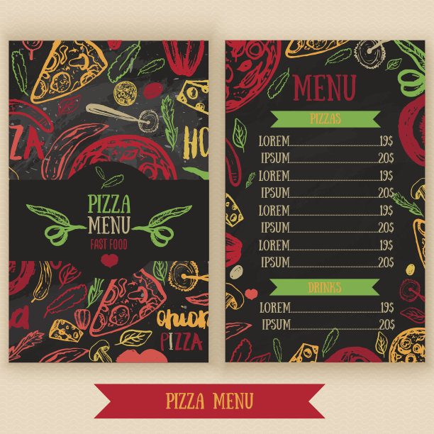 有橄榄，文字，西红柿和切片的披萨菜单图片下载