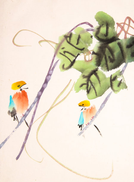 中国水墨画鸟和植物素材图片