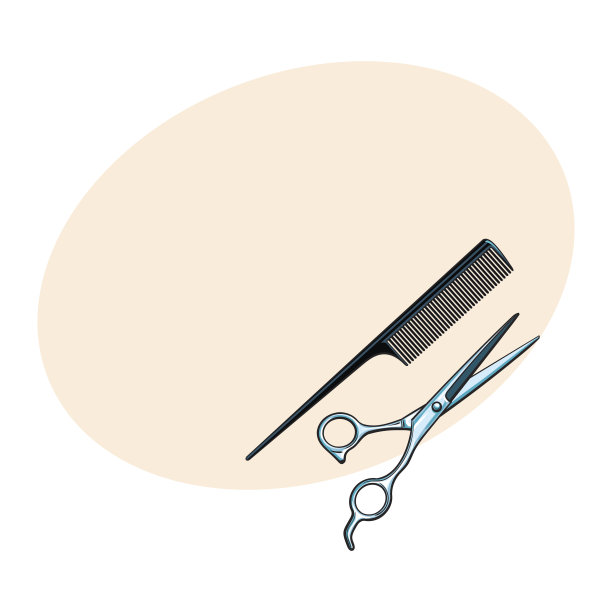 不锈钢专业理发师剪刀和传统塑料梳子图片下载