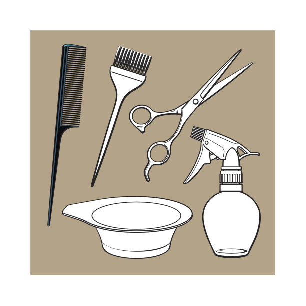 发型师用品，如剪刀、刷子、梳子、着色碗、喷雾器等图片下载
