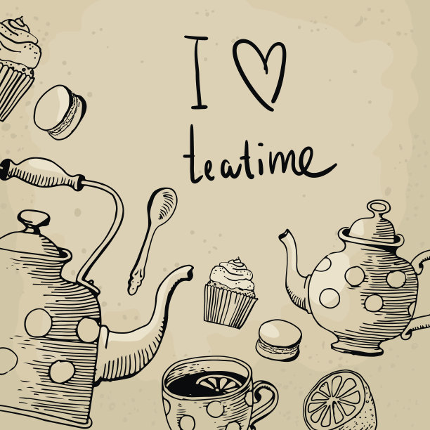 矢量手绘卡片:茶，茶杯茶，水壶和柠檬图片下载