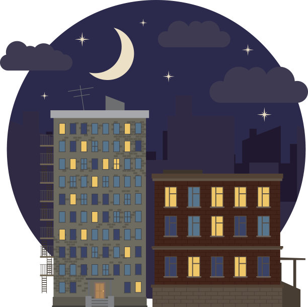 夜晚城市景观城市地产圆形平面图标矢量插图图片下载