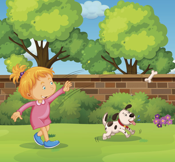 女孩在院子里和宠物狗玩图片下载