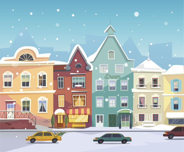 冬天阳光城市的街道。卡通建筑。圣诞节的背景,图片下载