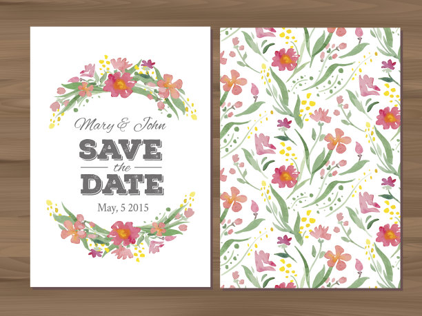 矢量婚礼邀请与水彩花和印刷图片下载