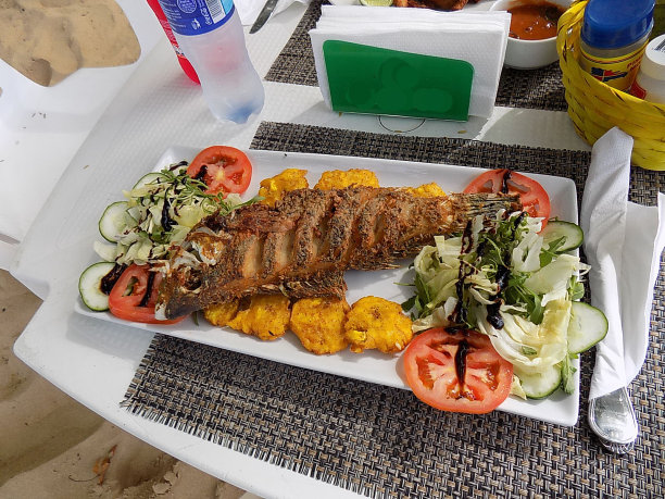 多米尼加共和国海滩边的拉丁食物炸鱼图片下载