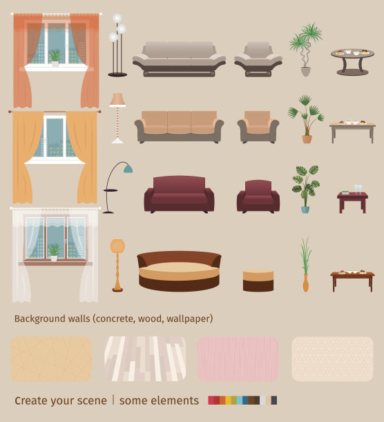 一套家居客厅元素和家具，创造属于你自己的家居室内场景。素材图片