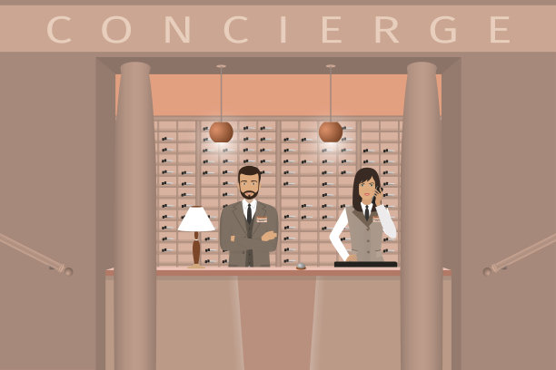 酒店礼宾服务。礼宾台正面视图，有两名酒店员工。图片下载