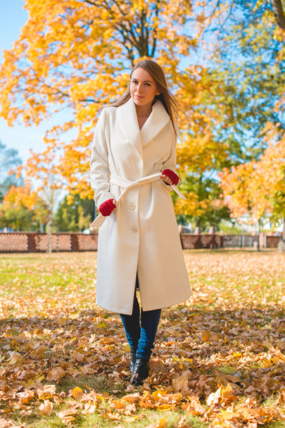时尚的女人走过秋天的公园图片下载