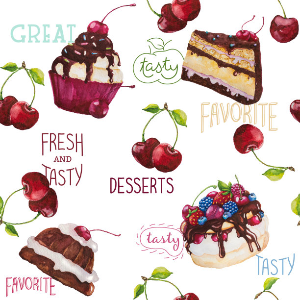 水彩画上不同的糖果和樱桃图案。图片下载