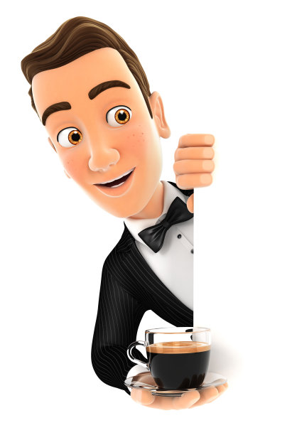 3d服务员在左墙后面，拿着一杯咖啡图片下载