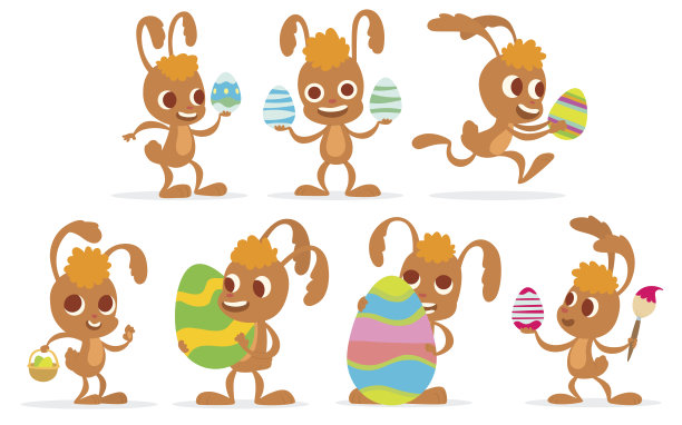 一组浅棕色的复活节兔子与彩色的蛋图片下载