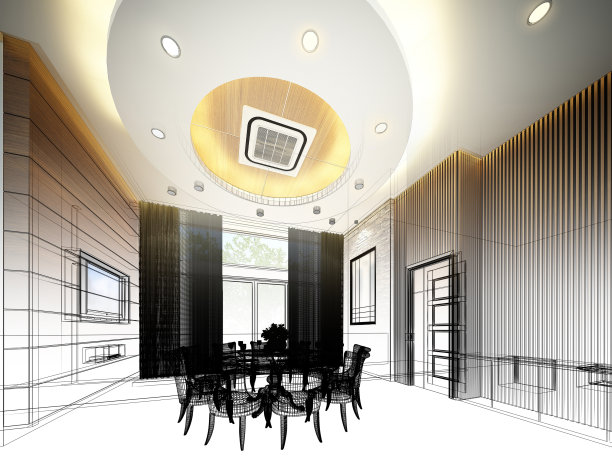 室内餐厅抽象草图设计，3d图片下载