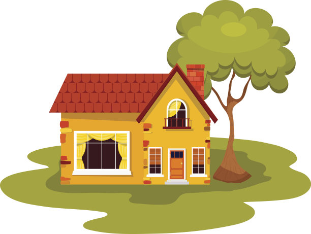 黄色的石头房子，白色背景上有一棵绿色的树图片下载