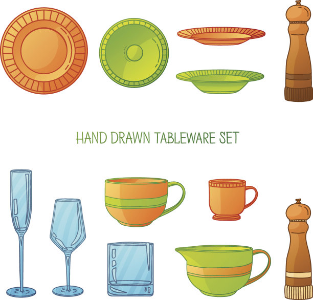 厨房用具。厨房菜肴。厨房盘子的剪影。图片下载