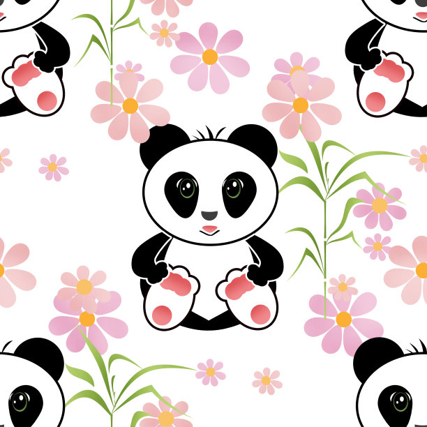 无缝亚洲熊猫小熊插图白底图案图片下载