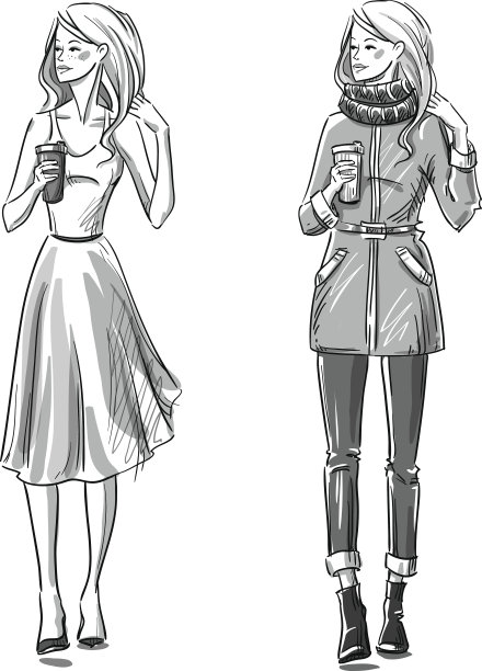 时尚插画。冬天和夏天的样子。街头风格。图片下载