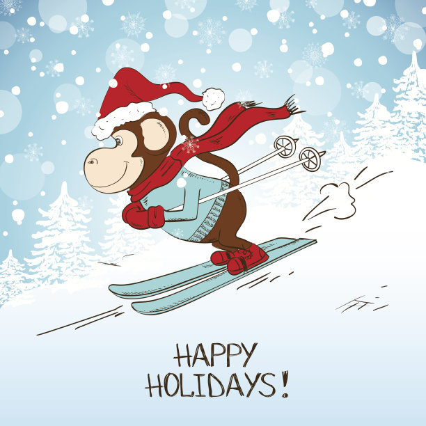 有趣的卡通滑雪猴子。图片下载