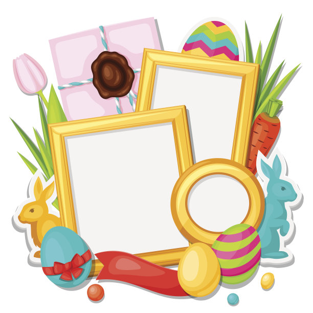 快乐复活节相框装饰对象，鸡蛋，兔子贴纸图片下载