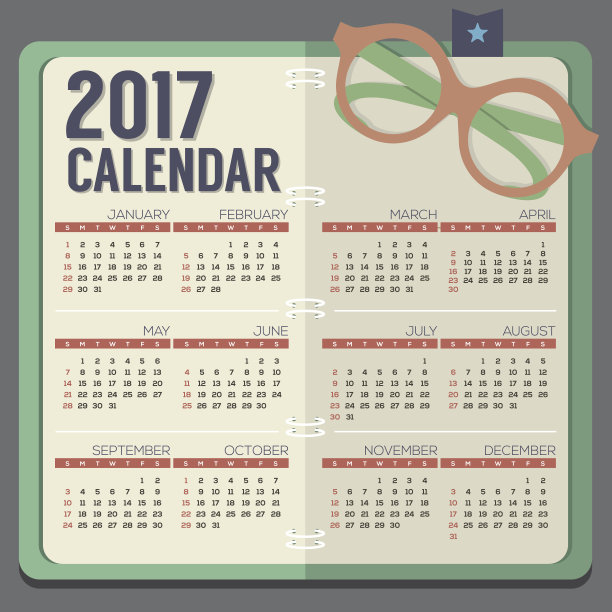 Flat Design Eyeglasses On Notebook 2017 Printable Calendar周日开始。图片下载