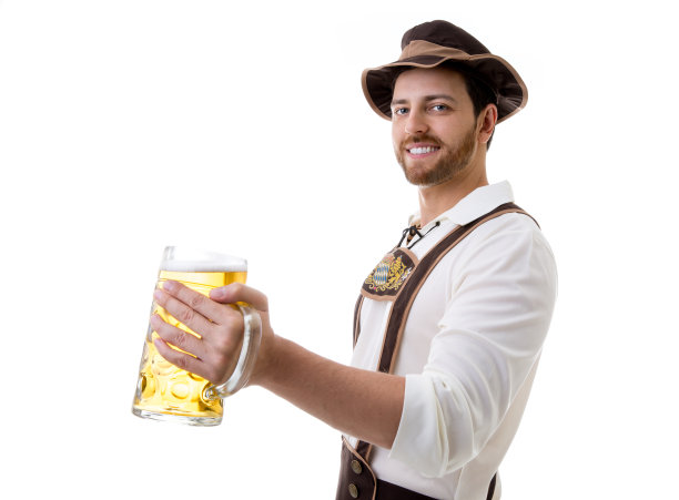 年轻人穿着传统的巴伐利亚服装，背景是白色图片下载