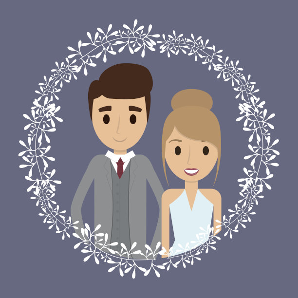 夫妇花卉卡通婚礼图标。矢量图形图片下载