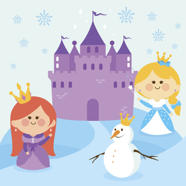 美丽的公主在雪景与城堡和雪人。图片下载